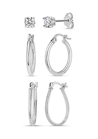 Lab Created 2 Pair Hoops and White Cubic Zirconia Stud Earring Set in Sterling Silver