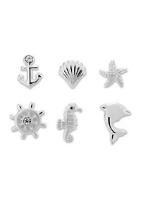 Lab Created Nautical Theme 6 Pair Stud Earring Set in Sterling Silver