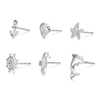 Lab Created Nautical Theme 6 Pair Stud Earring Set in Sterling Silver