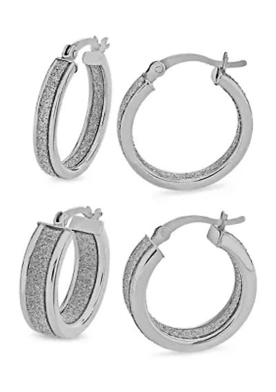  Sterling Silver Glitter 2 Pair Hoop Earring Set 