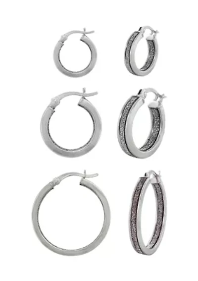  Sterling Silver Glitter 3 Pair Graduated Hoop Earring Set 