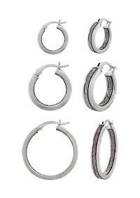  Sterling Silver Glitter 3 Pair Graduated Hoop Earring Set 