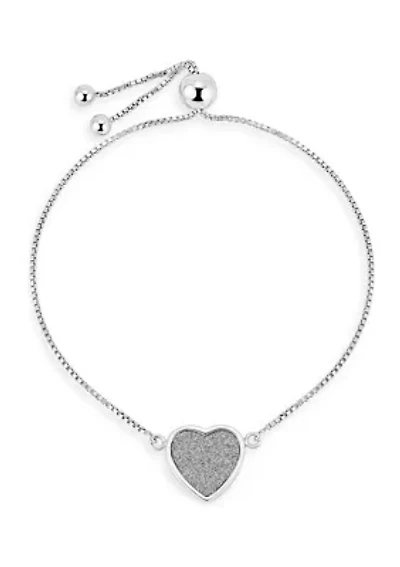  Sterling Silver Rhodium Plated Glitter Heart Adjustable Bolo 10 Inch Bracelet 