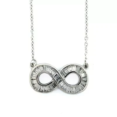 Platinum Plated Sterling Silver Cubic Zirconia Baguette Infinity Pendant 18-Inch Necklace