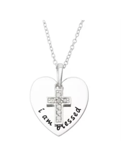 Sterling Silver Diamond Accent Heart and Cross I Am Blessed Pendant 18-Inch Necklace
