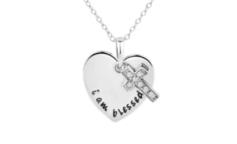 Sterling Silver Diamond Accent Heart and Cross I Am Blessed Pendant 18-Inch Necklace