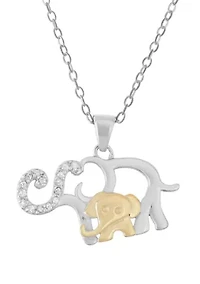Diamond Accent Elephant with Baby Pendant Necklace in Sterling Silver
