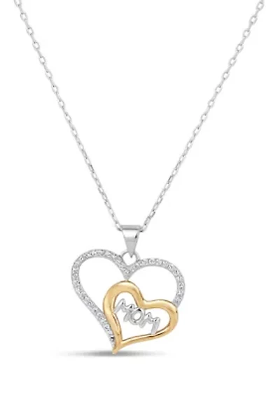 Diamond Accent Double Heart Mom Pendant in Two Tone Sterling Silver