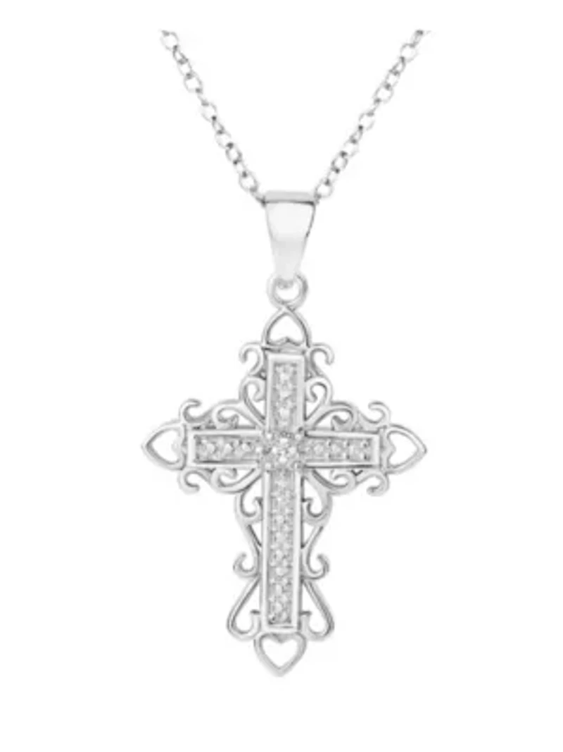 Sterling Silver Platinum Plated Diamond Accent Cross Pendant 18 Inch Necklace
