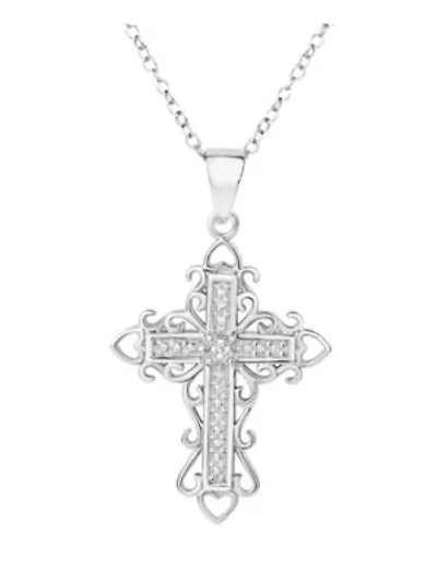 Sterling Silver Platinum Plated Diamond Accent Cross Pendant 18 Inch Necklace