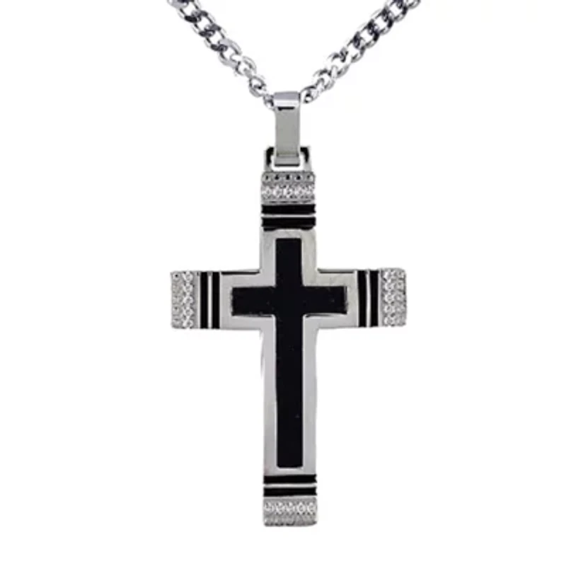 Lab Created Stainless Steel 50mm White Cubic Zirconia Carbon Fiber Reversible Wood Cross Pendant 24-Inch Necklace
