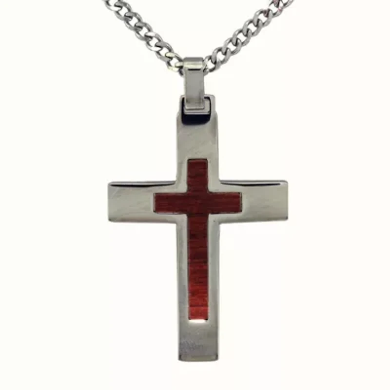 Lab Created Stainless Steel 50mm White Cubic Zirconia Carbon Fiber Reversible Wood Cross Pendant 24-Inch Necklace