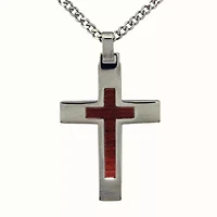 Lab Created Stainless Steel 50mm White Cubic Zirconia Carbon Fiber Reversible Wood Cross Pendant 24-Inch Necklace