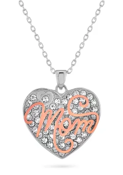 Lab Created 18K Rose Gold Plated Sterling Silver Mom Crystal Heart Pendant 18-Inch Necklace