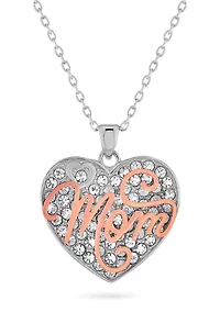 Lab Created 18K Rose Gold Plated Sterling Silver Mom Crystal Heart Pendant 18-Inch Necklace