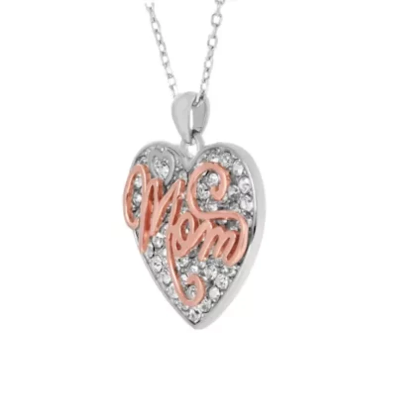 Lab Created 18K Rose Gold Plated Sterling Silver Mom Crystal Heart Pendant 18-Inch Necklace