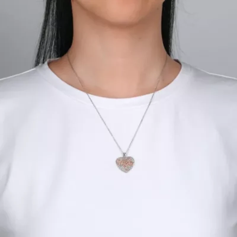 Lab Created 18K Rose Gold Plated Sterling Silver Mom Crystal Heart Pendant 18-Inch Necklace