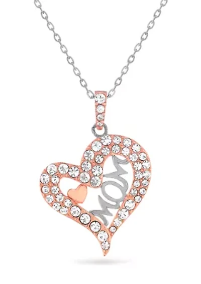 Lab Created 14K Rose Gold Plated Sterling Silver Crystal Open Heart Mom Pendant 18-Inch Necklace