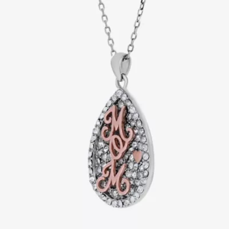 Lab Created 14K Rose Gold Plated Sterling Silver Crystal Pear Mom Pendant 18-Inch Necklace