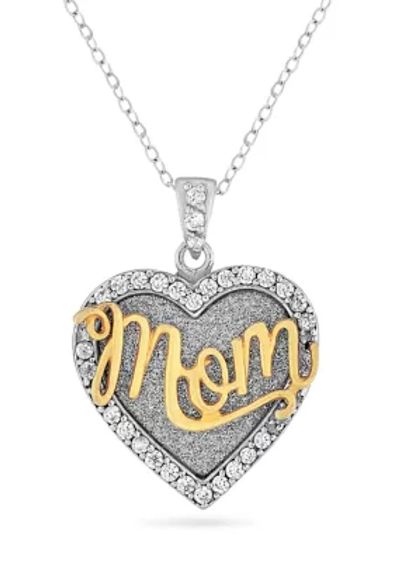 Lab Created 18K Gold Plated Sterling Silver White Cubic Zirconia Glitter Heart Mom Pendant 18-Inch Necklace