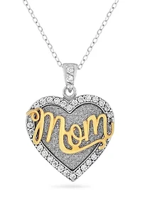 Lab Created 18K Gold Plated Sterling Silver White Cubic Zirconia Glitter Heart Mom Pendant 18-Inch Necklace