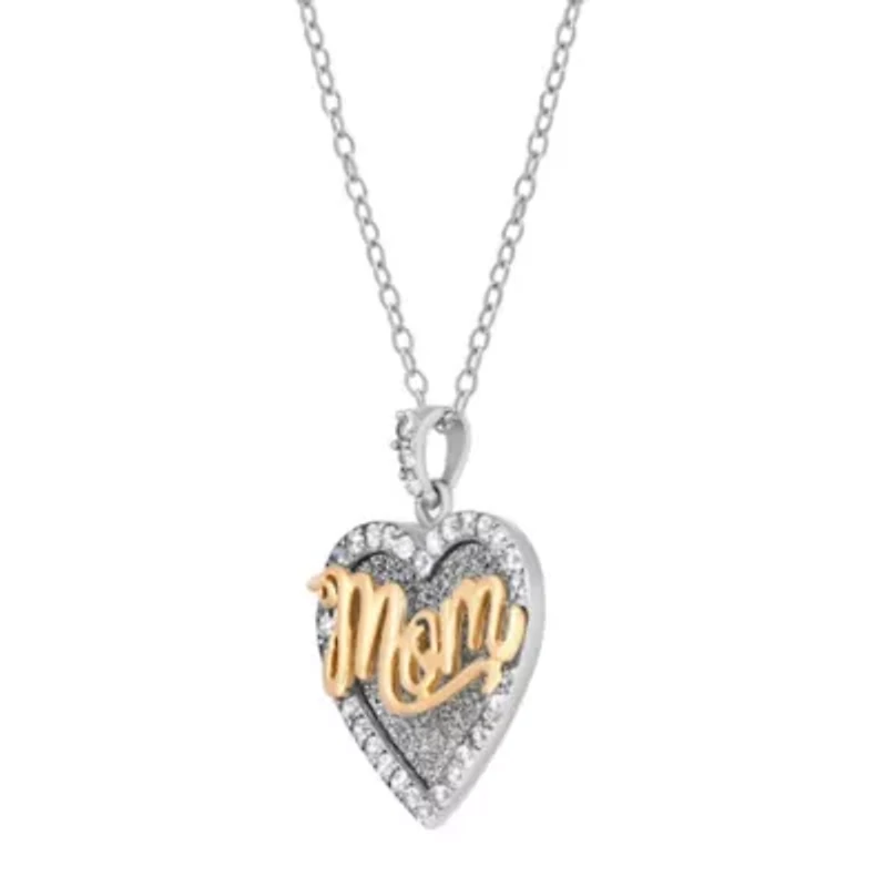 Lab Created 18K Gold Plated Sterling Silver White Cubic Zirconia Glitter Heart Mom Pendant 18-Inch Necklace