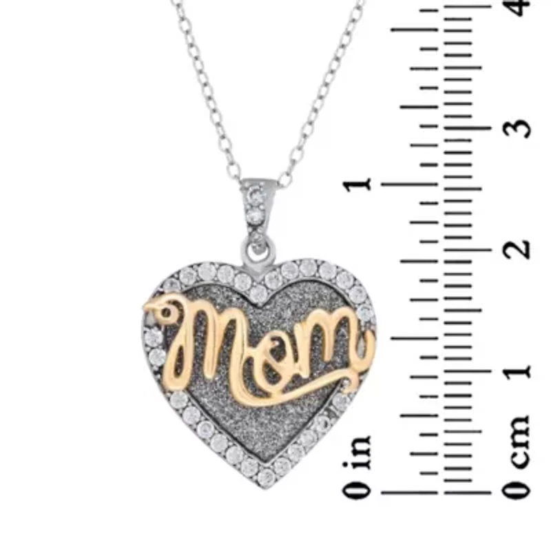 Lab Created 18K Gold Plated Sterling Silver White Cubic Zirconia Glitter Heart Mom Pendant 18-Inch Necklace