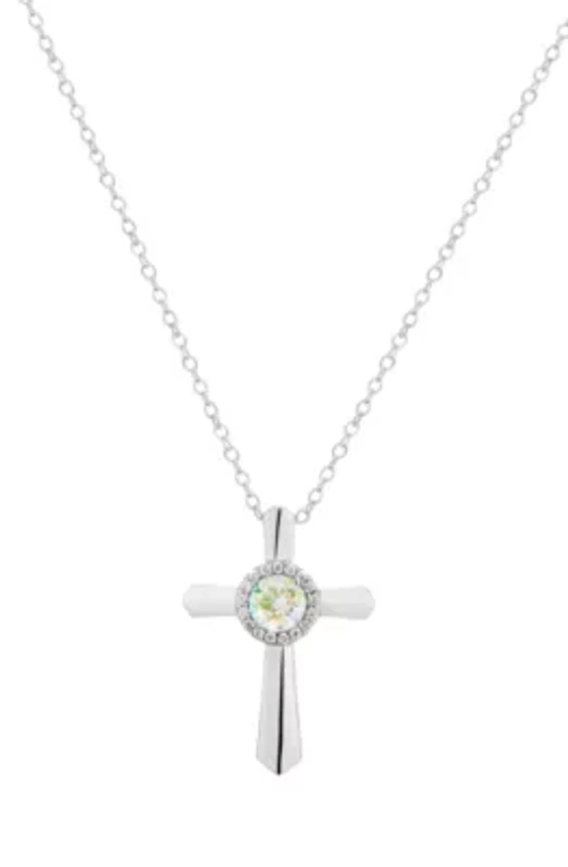 Sterling Silver Aurora Borealis Cubic Zirconia Cross Pendant, 18-Inch Necklace