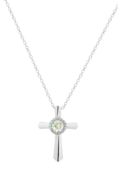 Sterling Silver Aurora Borealis Cubic Zirconia Cross Pendant, 18-Inch Necklace