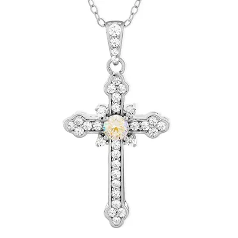 Lab Created Sterling Silver Aurora Borealis Cubic Zirconia Cross Pendant 18-Inch Necklace