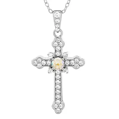 Lab Created Sterling Silver Aurora Borealis Cubic Zirconia Cross Pendant 18-Inch Necklace