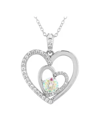 Sterling Silver Double Heart Aurora Borealis Cubic Zirconia Pendant, 18-Inch Necklace