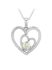 Sterling Silver Double Heart Aurora Borealis Cubic Zirconia Pendant, 18-Inch Necklace