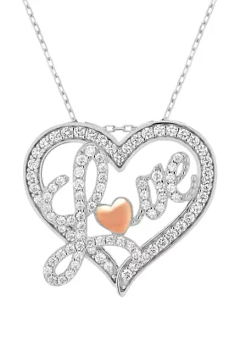 Lab Created White CZ Heart Love with Rose Necklace in Sterling Silver