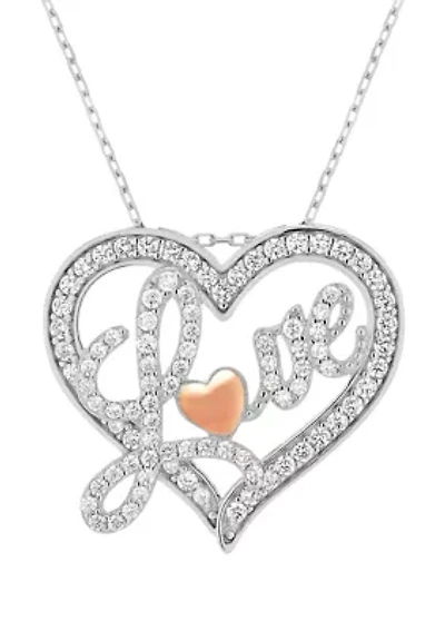 Lab Created White CZ Heart Love with Rose Necklace in Sterling Silver