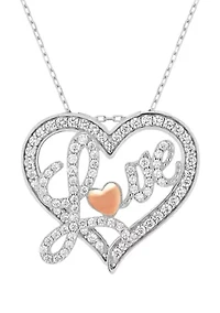 Lab Created White CZ Heart Love with Rose Necklace in Sterling Silver