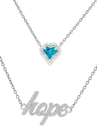 Aqua Blue Cubic Zirconia Heart and "Hope" Layered Necklace in Sterling Silver