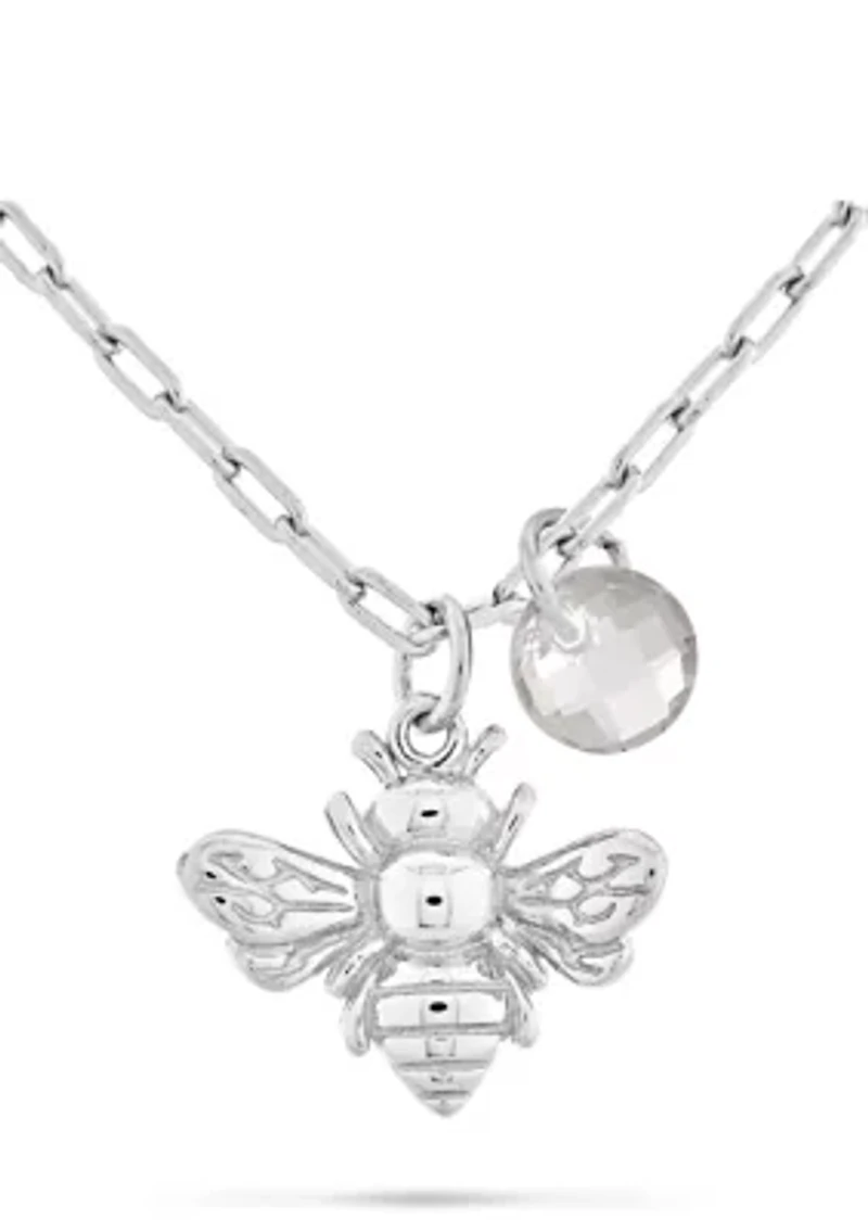 Briolette Cut White Glass and Bee Pendant Necklace in Sterling Silver