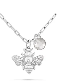 Briolette Cut White Glass and Bee Pendant Necklace in Sterling Silver