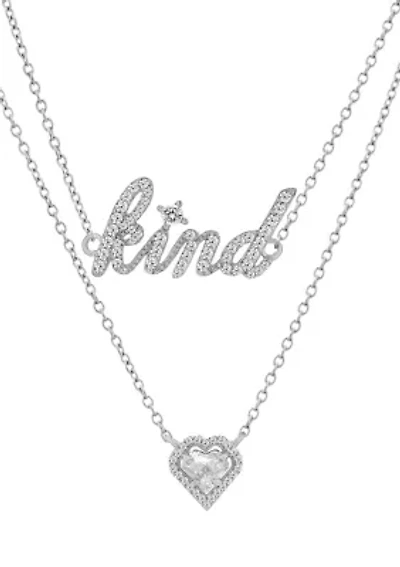 White Cubic Zirconia Heart and "Kind" Layered Necklace in Sterling Silver
