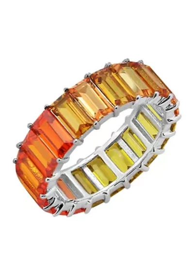 Rhodium Plated Sterling Silver Multicolored Princess Baguette Eternity Band Ring
