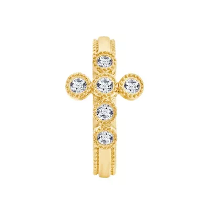 Lab Created 14K Yellow Gold Plated Sterling Silver Catholic Christian Clear Cubic Zirconia Scandinavian Cross Ring