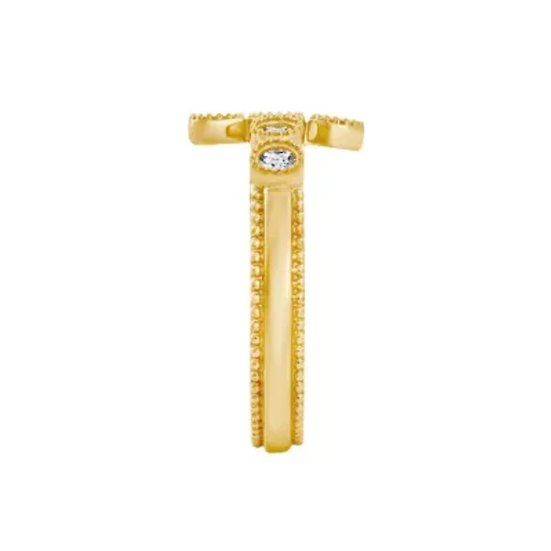 Lab Created 14K Yellow Gold Plated Sterling Silver Catholic Christian Clear Cubic Zirconia Scandinavian Cross Ring