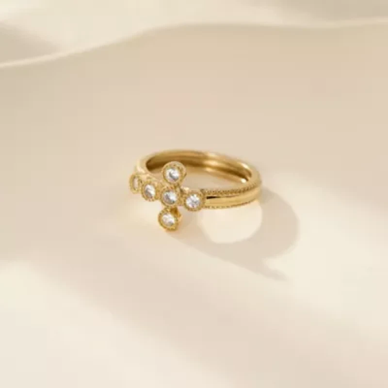 Lab Created 14K Yellow Gold Plated Sterling Silver Catholic Christian Clear Cubic Zirconia Scandinavian Cross Ring