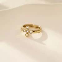 Lab Created 14K Yellow Gold Plated Sterling Silver Catholic Christian Clear Cubic Zirconia Scandinavian Cross Ring