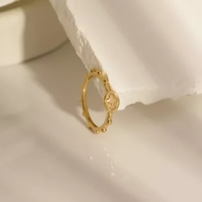 Lab Created 14K Yellow Gold Plated Sterling Silver Dainty Religious Cross Rosary Ring