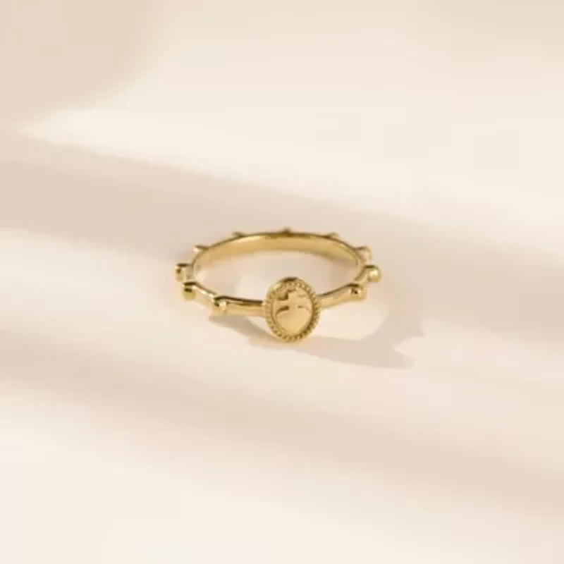 Lab Created 14K Yellow Gold Plated Sterling Silver Heart and Cross Rosary Ring