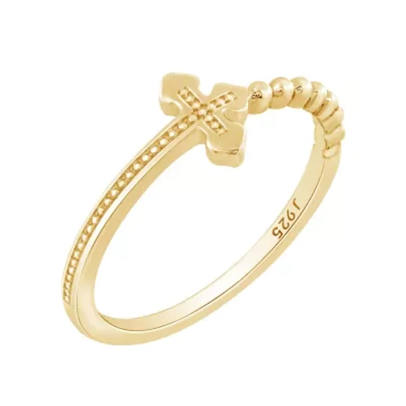 Lab Created 14K Yellow Gold Plated Sterling Silver Dainty Religious Cross Beaded Ring