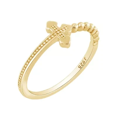 Lab Created 14K Yellow Gold Plated Sterling Silver Dainty Religious Cross Beaded Ring
