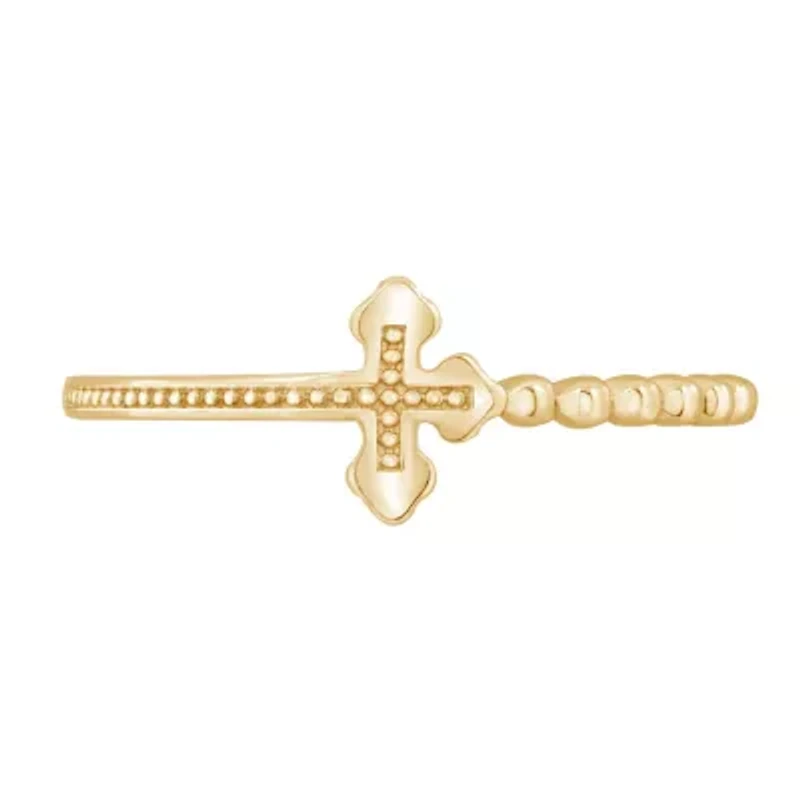 Lab Created 14K Yellow Gold Plated Sterling Silver Dainty Religious Cross Beaded Ring